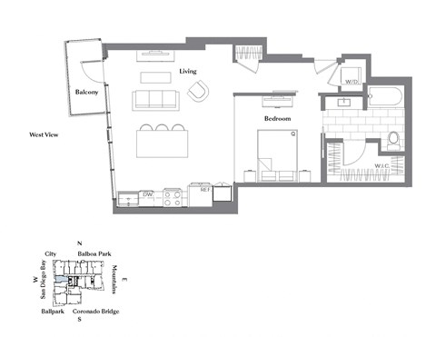 Floor plan for 1 bed, 1 bath, 780 sqft